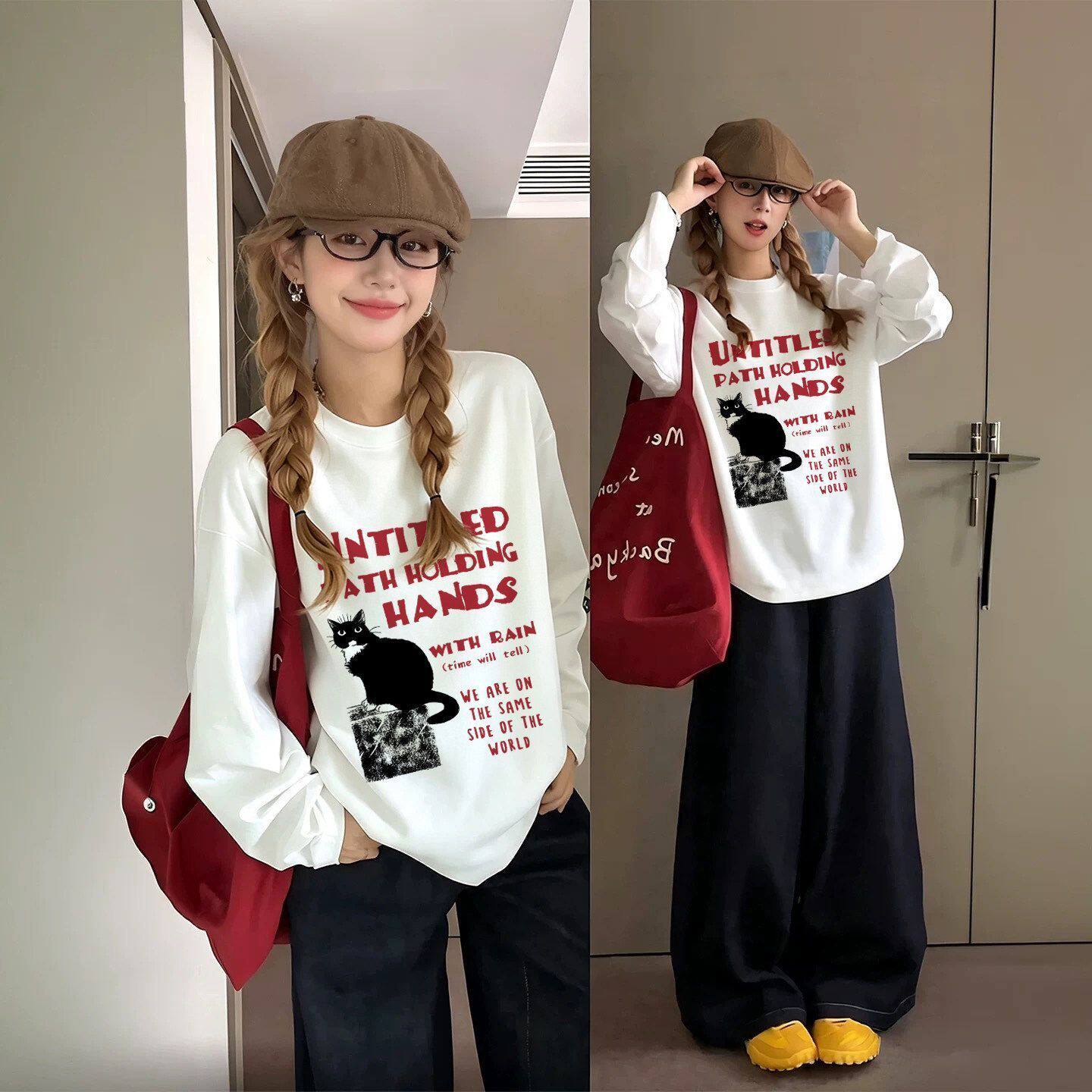 巨好看美式白色长袖t恤女2026新款秋季宽松韩版慵懒风打底衫