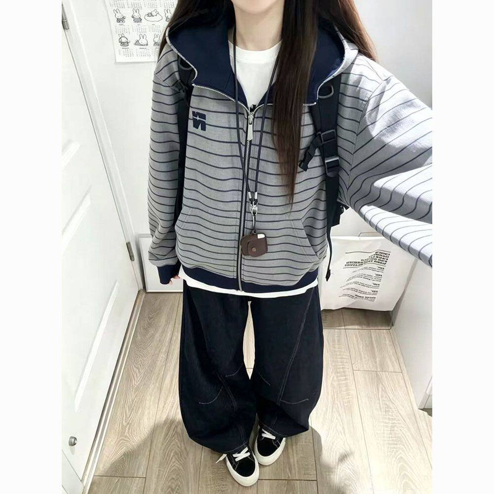 美式复古撞色条纹刺绣连帽拉链卫衣女秋冬学院风宽松韩系开衫外套