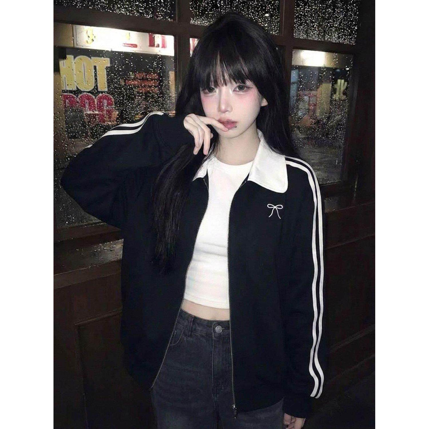 韩系翻领黑色开衫卫衣外套女秋季2026新款巨好看宽松三条杠上衣潮