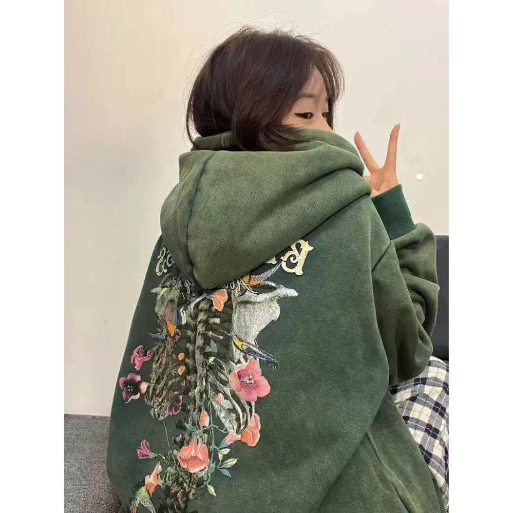 美式高街复古骷髅印花连帽卫衣女宽松情侣外套上衣