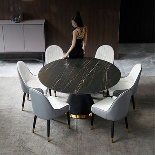 新轻奢大理石餐桌椅组合圆桌现代简约岩板圆形意式 转盘餐厅6人促
