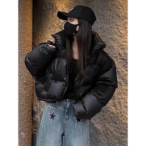 鸭鸭白鸭绒短款羽绒服2024年新款女小个子冬季设计感外套黑色厚面