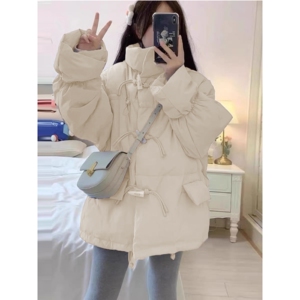 鸭鸭短款羽绒服女2024新款韩版宽松牛角扣棉衣面包服秋冬季厚外套
