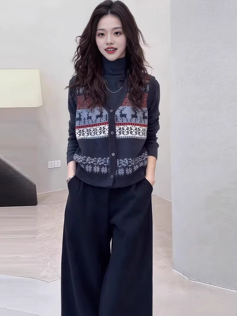 费尔岛提花针织马甲套装女2026春季新款大码高领打底衫叠穿两件套