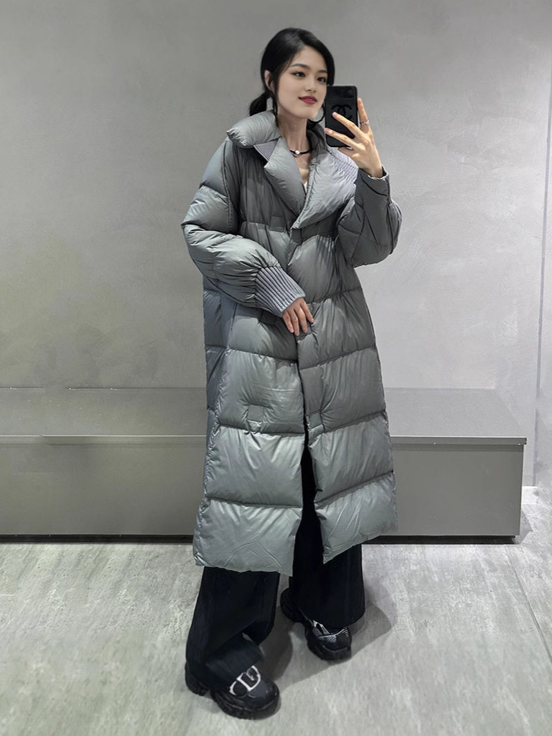 欧货25西装翻领白鸭绒长款羽绒服女冬新款简约时尚宽松过膝外套潮
