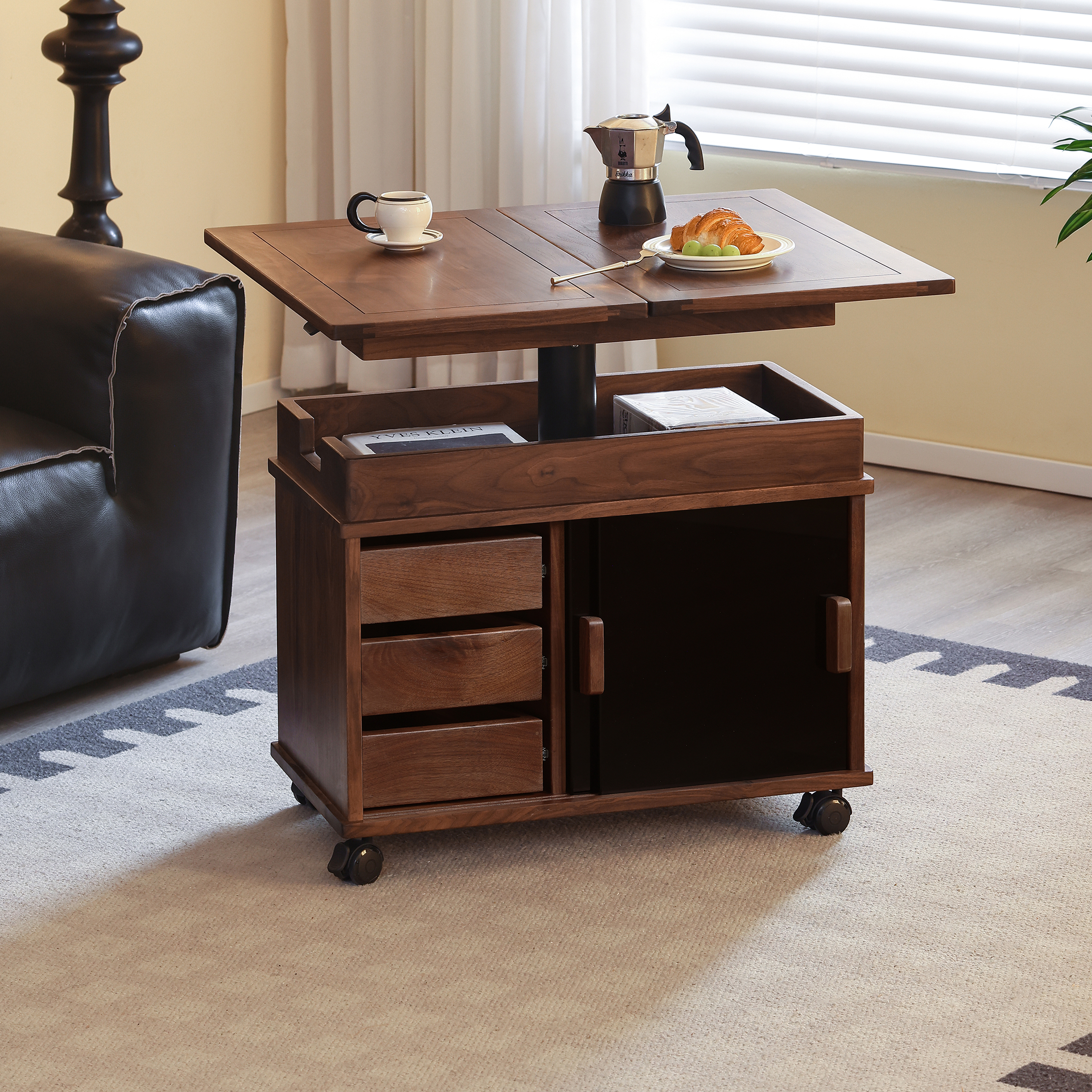 黑胡桃之家全黑胡桃实木升降茶几