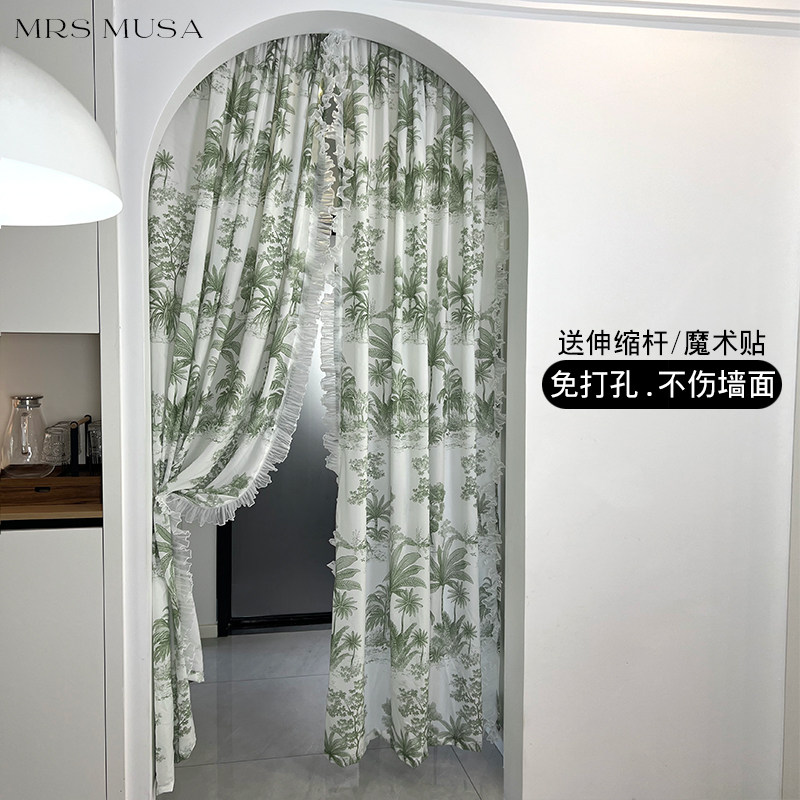 唯美冰丝印花隔断门帘透光不透人纱帘触感丝滑免打孔伸缩杆安装