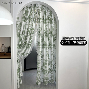 唯美冰丝印花隔断门帘透光不透人纱帘触感丝滑免打孔伸缩杆安装