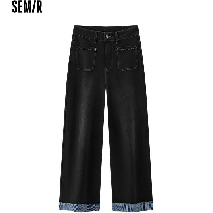 森马牛仔裤女冬季款宽松条纹翻边裤子商场同款女裤107725124001