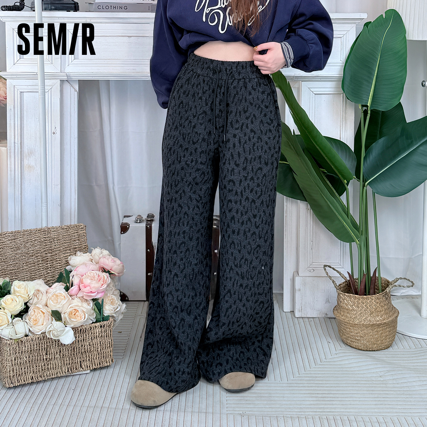 森马休闲裤女冬季加厚女款宽松豹纹女裤针织阔腿裤107725127008