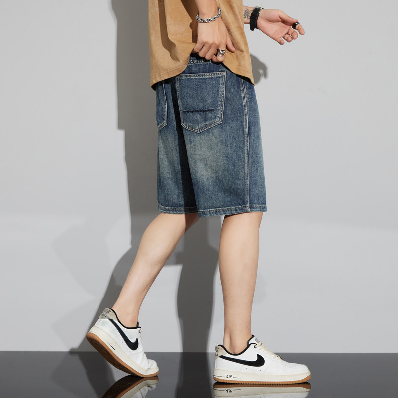 夏季新款牛仔裤短裤男宽松直筒高街复古潮流百搭韩版男士五分裤子