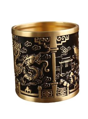 黄铜百福笔筒摆件创意装饰桌面龙凤呈祥笔筒雕刻纯铜器金属工艺品