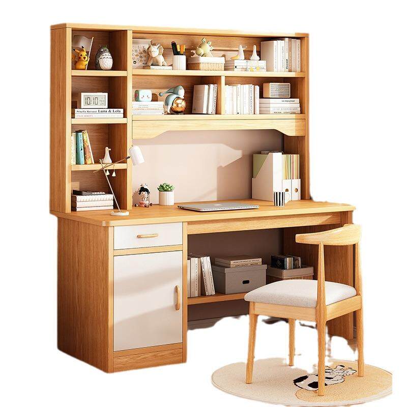 书桌书架一体家用台式电脑桌带主机位实木写字桌出租屋床边桌子