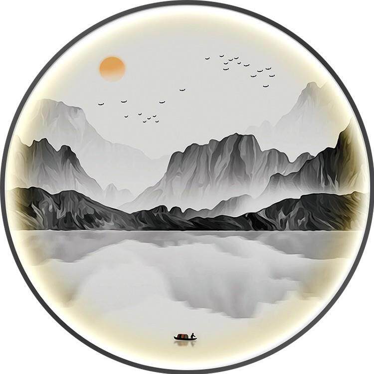 新中式圆形禅意山水装饰画入户玄关led灯画客厅茶室发光晶瓷壁画