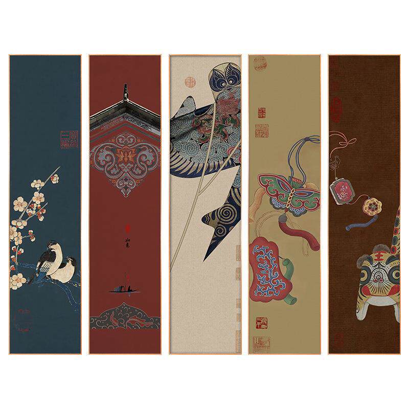 新中式大气客厅装饰画轻奢中国风沙发背景墙面挂画竖版细长条壁画