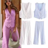 Pant Set Linen Pieces Top neck Waistcoat Sleeveless Soli