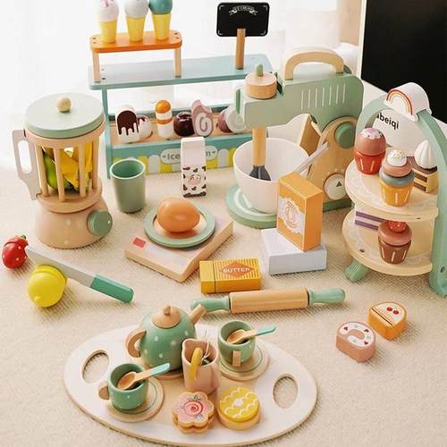 Wooden Pretend Play Kitchen Toys Coffee Machine Tea Set Toy