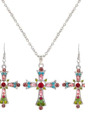 Cross pendant necklace 2pcs set水钻十字架吊坠项链耳环套装2件