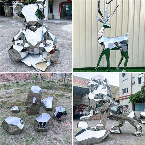 大型不锈钢几何块面鹿雕塑石头广场园林景观镜面动物落地摆件定制