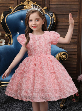 Children's skirt pink flower skirt puff sleeve dress