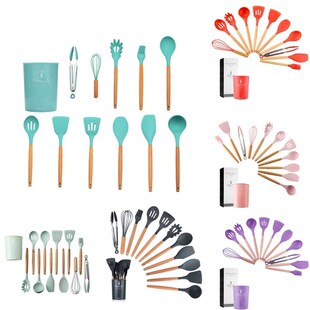 11pcs Silicone Cooking Utensils Set Solid Wood Handle With S