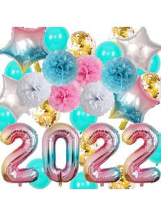 Decorations Year 2022 Balloons And Happy Pompoms New