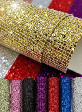 Plaid Sequin Glitter Iridescent Fabric Faux Synthetic PU