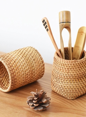 Vintage Rattan Braided Storage Baskets Home Office Pen
