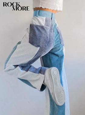 Rockmore Corduroy Pants Woman Baggy High Waist Contrast Patc