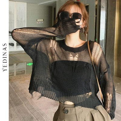 Yedinas Black Gothic Thin Women Pullover Loose Sweater 2022
