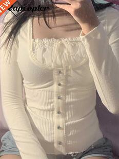 Rapcopter Y2K Sweet Cute Crop Top Lace Frill Bow Pullovers V