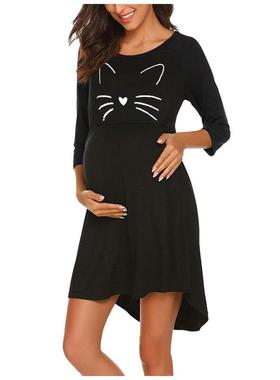 Nursing Maternity Nightdress Printed Cute Cat Black Pregnanc