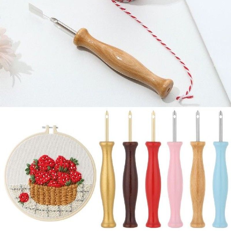 Stainless Steel Embroidery Needle Wooden Handle Poke Needle