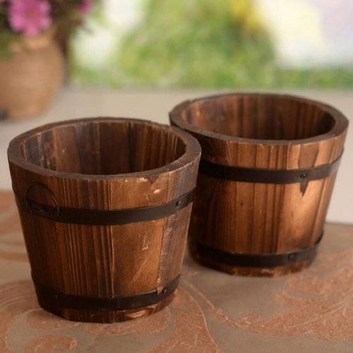 1PC Rustic Barrel Flower Pot Basket Wooden Succulents Box