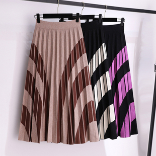 Pleated Skirts Womens Knitted Large Size Elastic High Waist