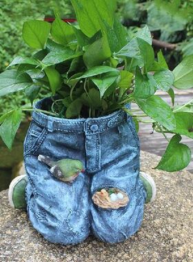 Resin Patched Trousers Flower Pot Decorative Jeans Bird