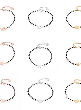 Stainless Steel Black Crystal Beads Chain Bracelet Rose Gold