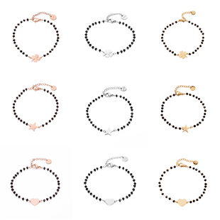 Stainless Steel Black Crystal Beads Chain Bracelet Rose Gold