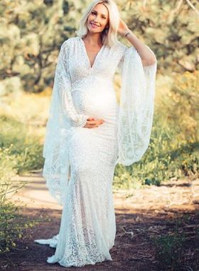 Women Maternity Dress Ruffles Lace Dress Pregnants