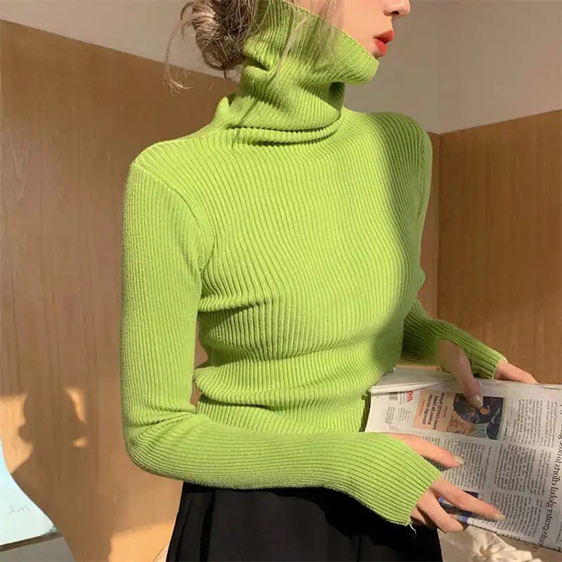 Women heaps collar Turtleneck Sweaters Autumn Winter Slim Pu