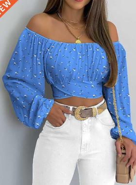 Autumn Women Daisy Print Crossed Tied Back Crop Top 2022 Fem