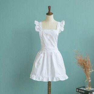 Womens Girls Ruffles Outline Retro White Apron Adjustable