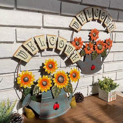 Door Welcome Sign with Sun Flower Watering Pot Pattern