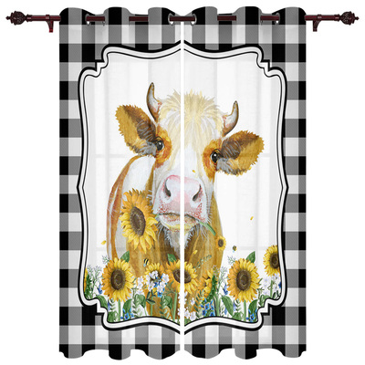 Country Style Cow Sunflower Plaid Window Curtains Kitchen
