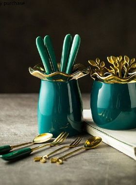 Stainless Steel Fruit Fork Set Green Storage Tank European