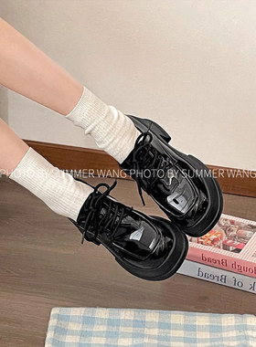 王夏天 厚底小皮鞋女增高粗跟玛丽珍鞋松糕圆头高跟一脚蹬乐福鞋