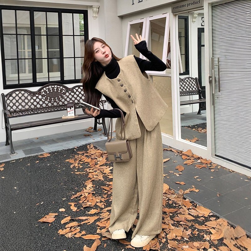 RIERA卡其色小香风马甲套装女秋季2025新款韩系气质高级感阔腿裤
