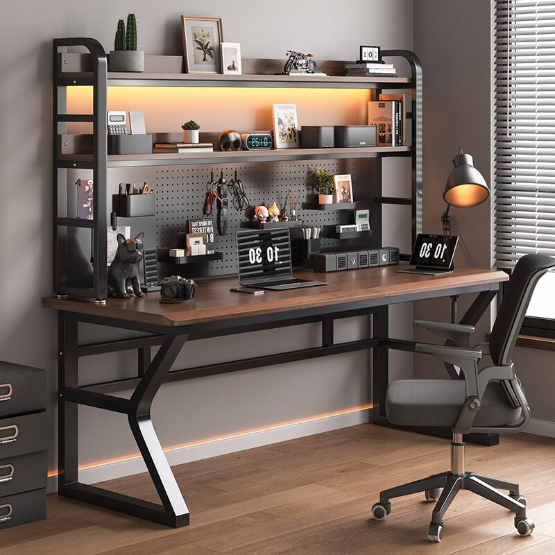 电脑桌卧室家用洞洞板书桌书架一体学生学习桌子办公桌实木电竞桌