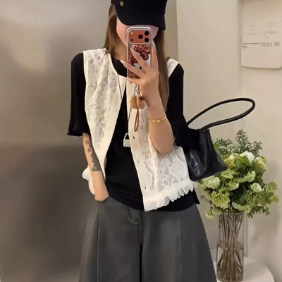 韩版夏季新款百搭气质短袖T恤+蕾丝马甲套装女2026简约风两件套