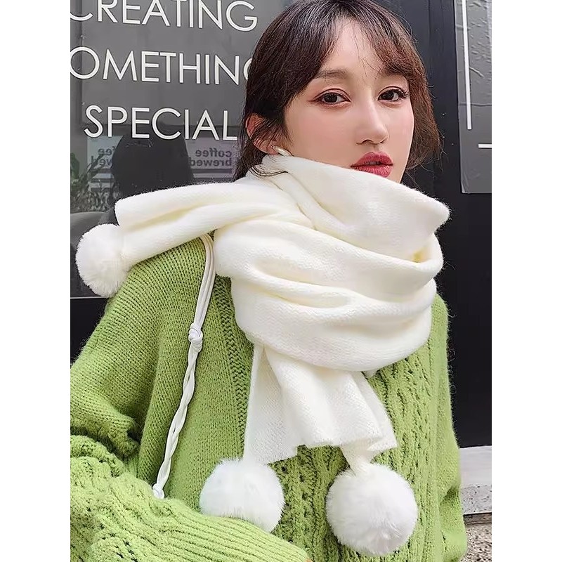 纯色毛球针织粗毛线围巾秋冬季女士长款保暖学生百皮衣搭韩版加厚